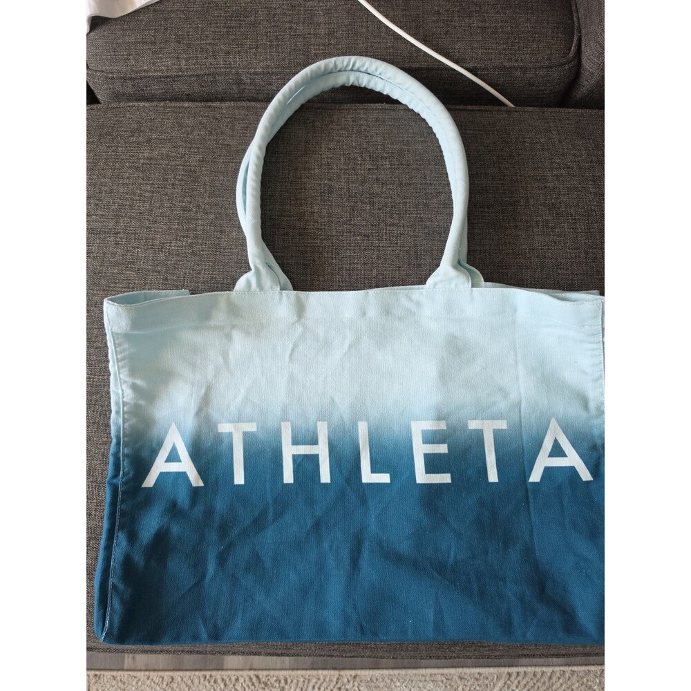 Athleta Blue Ombre Canvas Tote Bag Large Logo Shoulder Gym Beach Travel Shopping